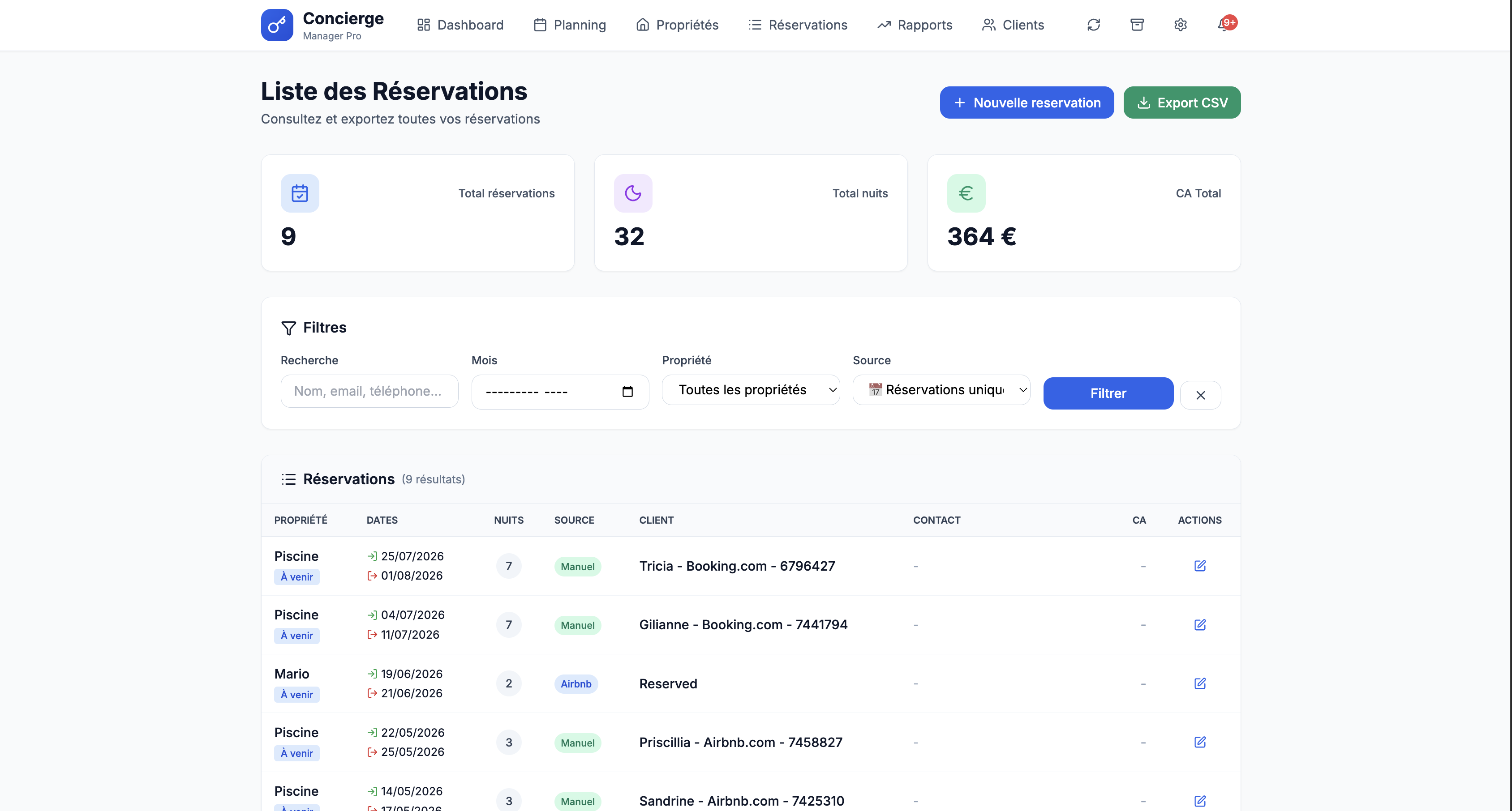 Liste des reservations